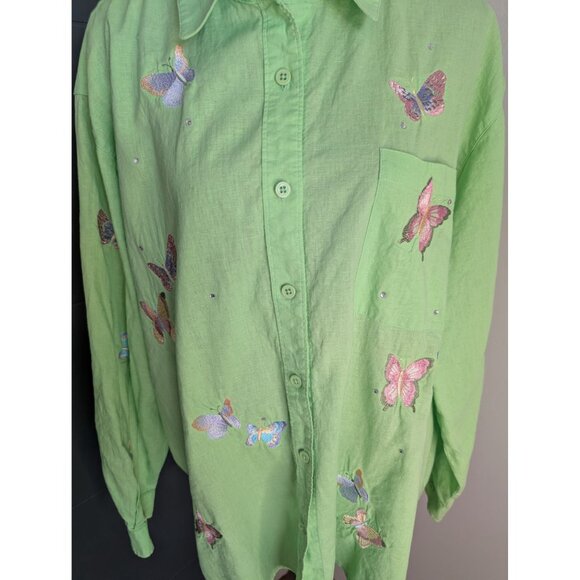 Quacker Factory Green Linen Blend Butterfly Embellished Button-Up Shirt - 2X - Picture 2 of 7